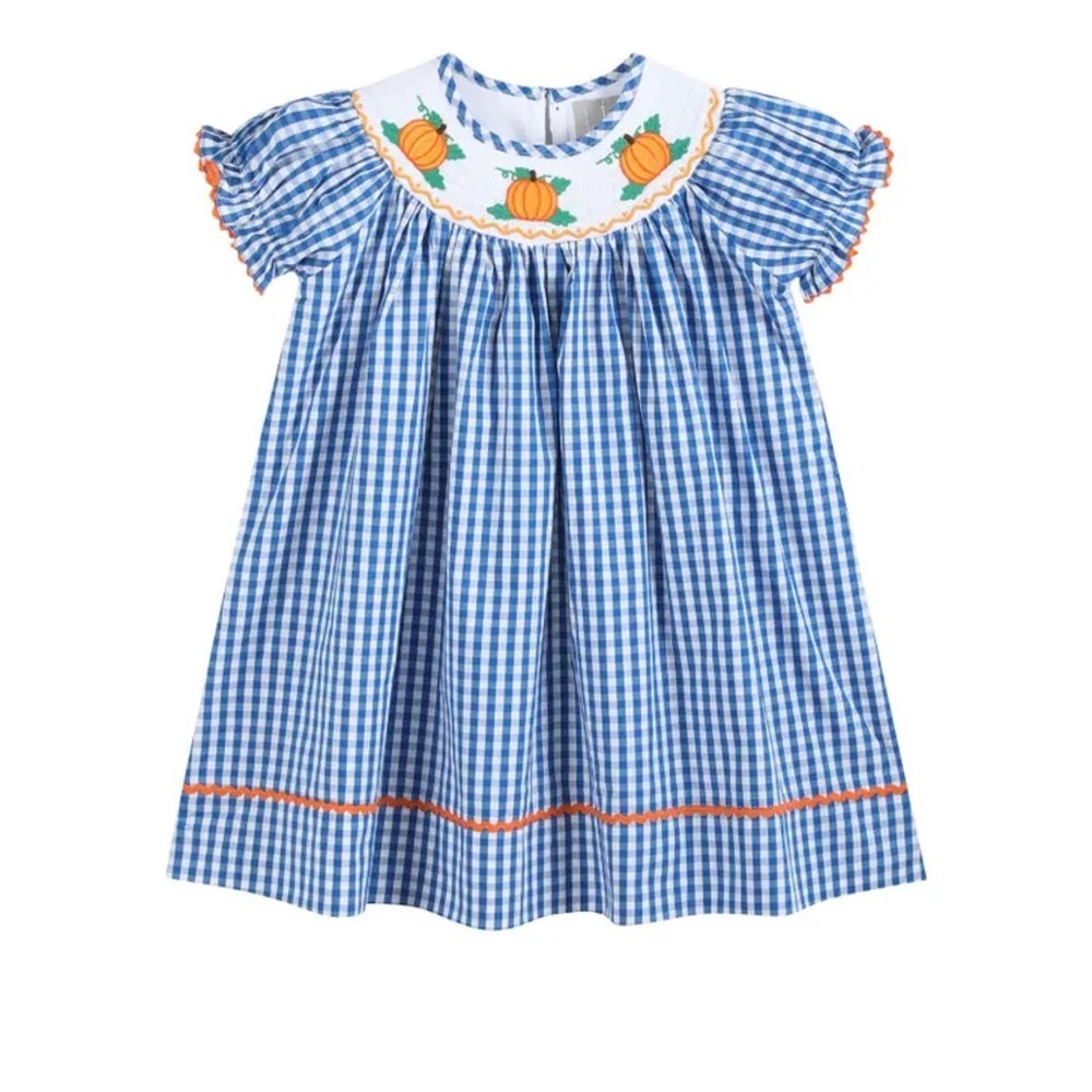 Lil‎ Cactus - Royal Blue Gingham Pumpkin Smocked Bishop Dress | Fall